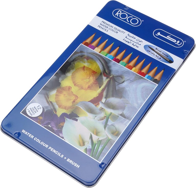 ROCO Premium Quality Water Color Pencils In Flat Metal Case 12-Pieces, Multicolour - Image 1