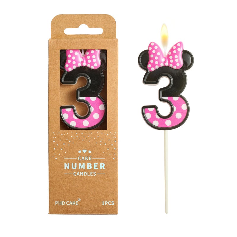 PHD CAKE 2.76 Inch Cartoon Pink and Black Mouse 3 Number Birthday Candles, Anime Cartoon Number Candles, Cake Number Candles, Party Celebration, Style Candle - Image 1