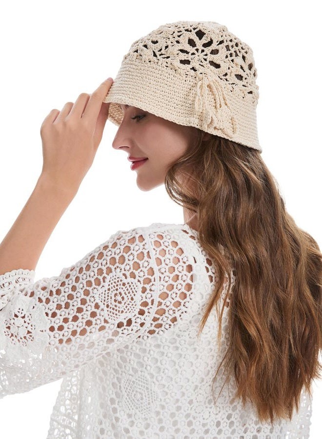 ZLYC Women Cotton Bucket Hat Handmade Crochet Knit Floral Summer Bucket Hats, Crochet Beige, One size - Image 4