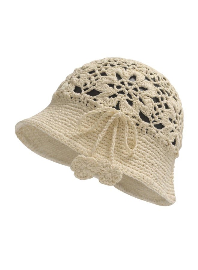 ZLYC Women Cotton Bucket Hat Handmade Crochet Knit Floral Summer Bucket Hats, Crochet Beige, One size - Image 1