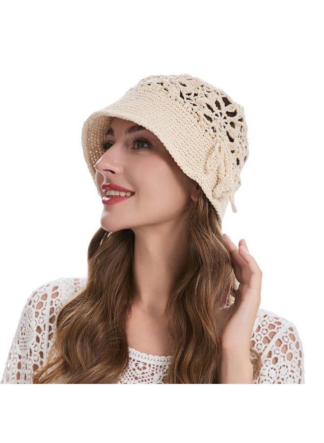 ZLYC Women Cotton Bucket Hat Handmade Crochet Knit Floral Summer Bucket Hats, Crochet Beige, One size - Image 2
