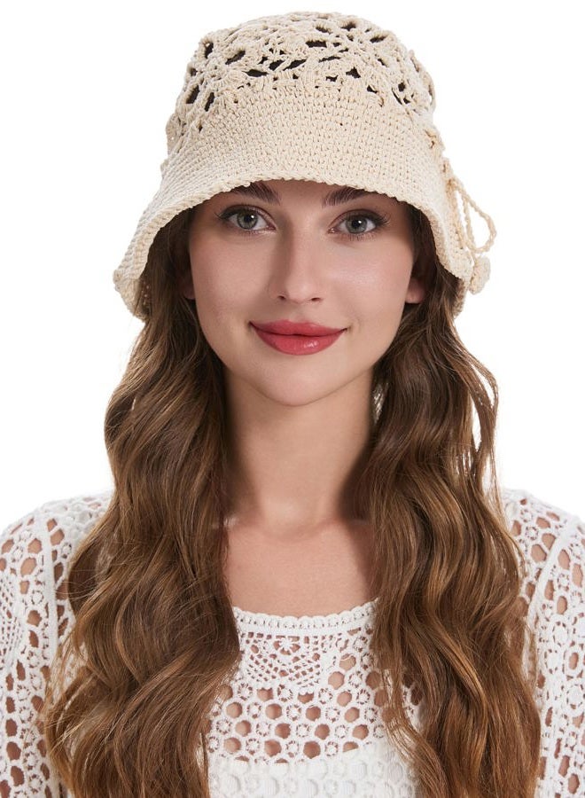 ZLYC Women Cotton Bucket Hat Handmade Crochet Knit Floral Summer Bucket Hats, Crochet Beige, One size - Image 3