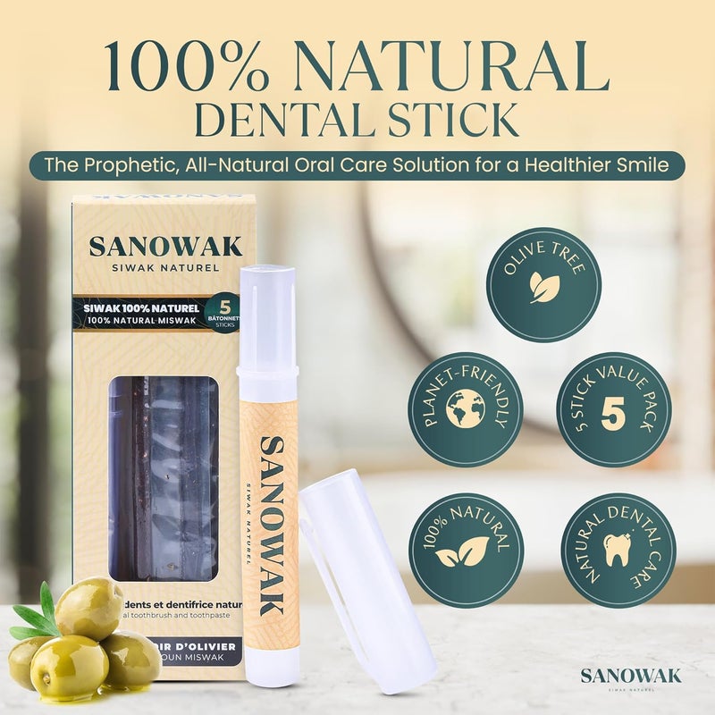 Black Zeitoun Miswak / 100% natural Siwak – 5 Olive Wood Toothbrushes with FREE Plastic Holder | Teeth Whitening & Oral Care | 100% Chewable & Antibacterial | Eco-Friendly & Vacuum Sealed - Image 2