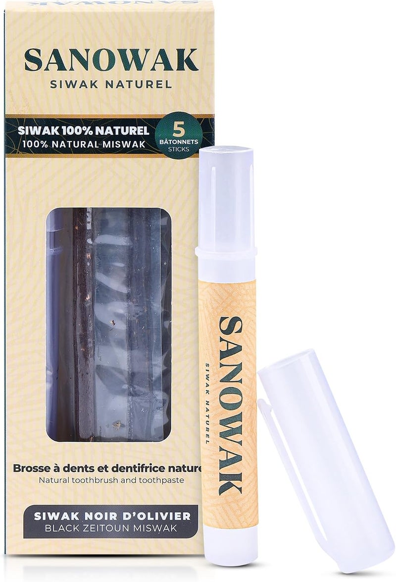 Black Zeitoun Miswak / 100% natural Siwak – 5 Olive Wood Toothbrushes with FREE Plastic Holder | Teeth Whitening & Oral Care | 100% Chewable & Antibacterial | Eco-Friendly & Vacuum Sealed - Image 1