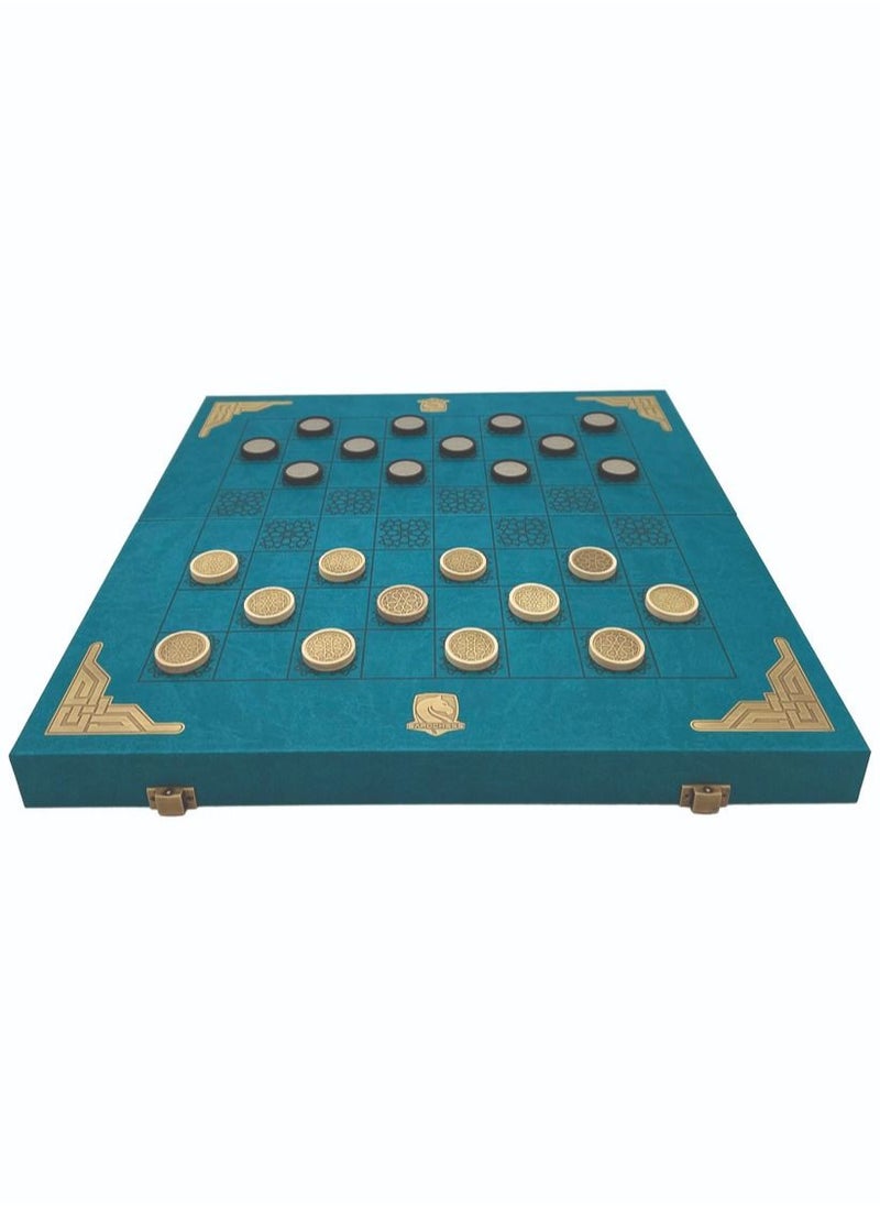صافوتشيس - لعبة شطرنج من المعدن المطلي و داما و طاولة الزهر 3-في-1 معيارية عالية الجودة (فيروزي) - Image 1