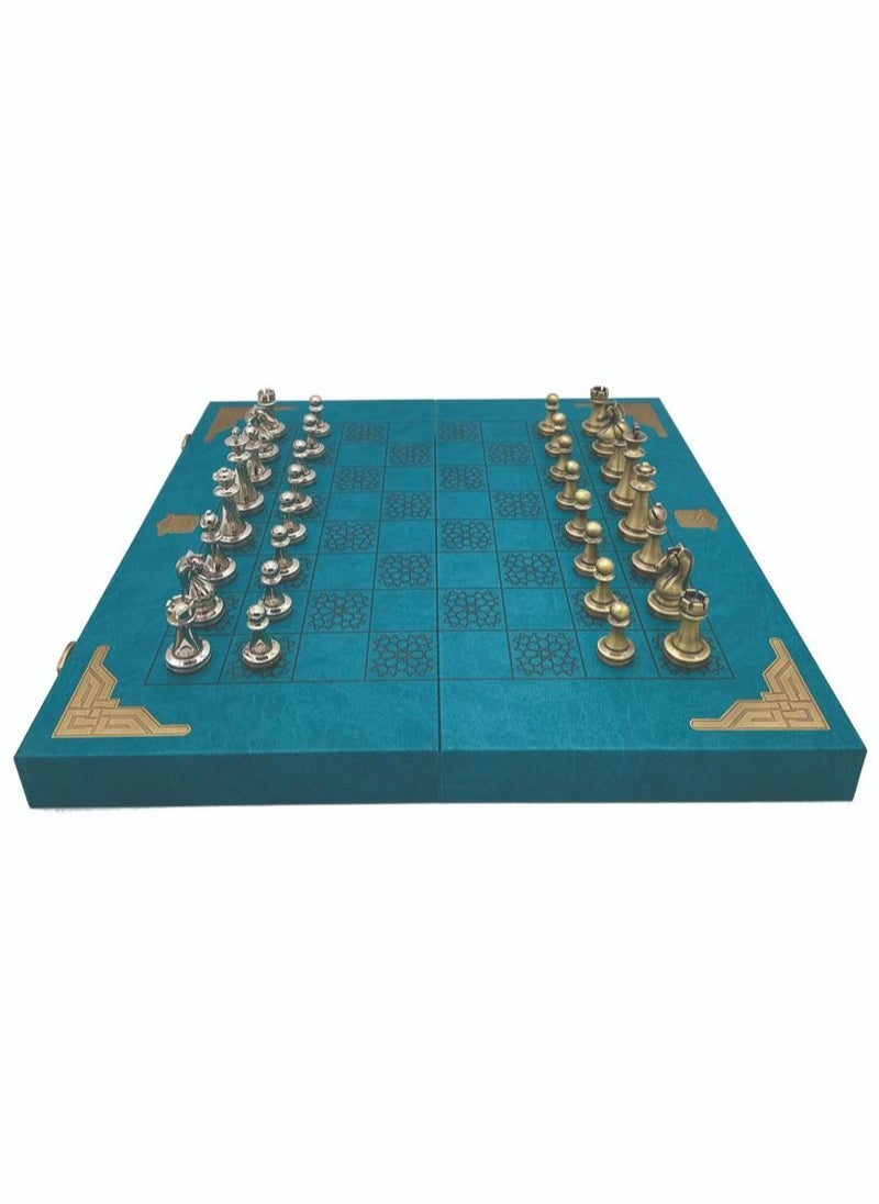 صافوتشيس - لعبة شطرنج من المعدن المطلي و داما و طاولة الزهر 3-في-1 معيارية عالية الجودة (فيروزي) - Image 1