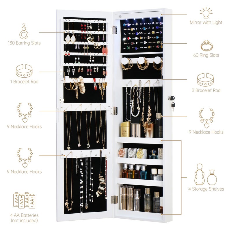 MASMIRE Full Length Mirror Jewelry Cabinet Organizer Lockable Door Wall-Mounted Jewelry Armoire with Shelves and Behind-the-Door Storage - White - Image 3