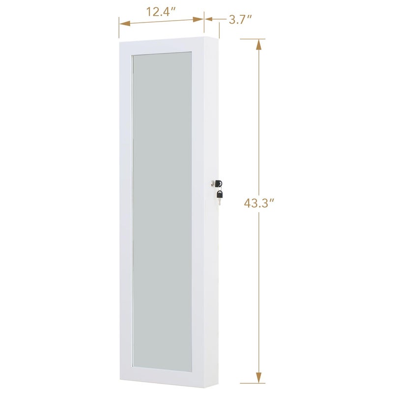 MASMIRE Full Length Mirror Jewelry Cabinet Organizer Lockable Door Wall-Mounted Jewelry Armoire with Shelves and Behind-the-Door Storage - White - Image 4