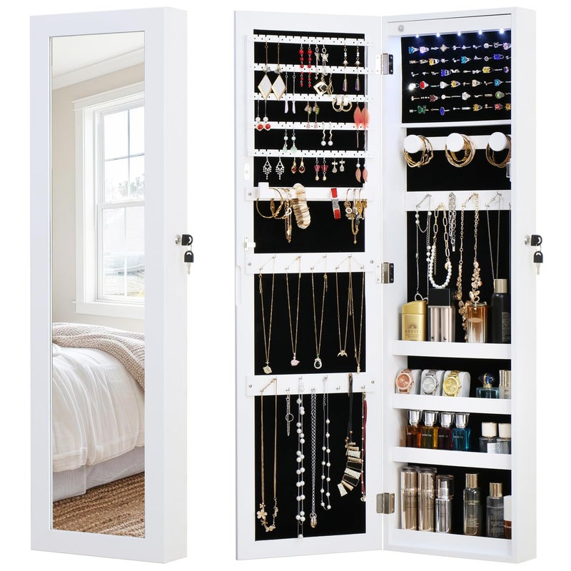 MASMIRE Full Length Mirror Jewelry Cabinet Organizer Lockable Door Wall-Mounted Jewelry Armoire with Shelves and Behind-the-Door Storage - White - Image 1