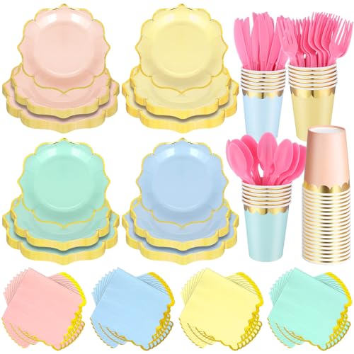 Yaomiao 336 Pcs Plates and Napkins Party Supplies Disposable Dinnerware Set Scalloped Plates Cups Napkin with Plastic Forks Knives Spoons Serve 48 Guests for Birthday Wedding (Multicolor,Irregular) - Image 1
