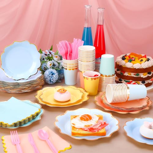 Yaomiao 336 Pcs Plates and Napkins Party Supplies Disposable Dinnerware Set Scalloped Plates Cups Napkin with Plastic Forks Knives Spoons Serve 48 Guests for Birthday Wedding (Multicolor,Irregular) - Image 4