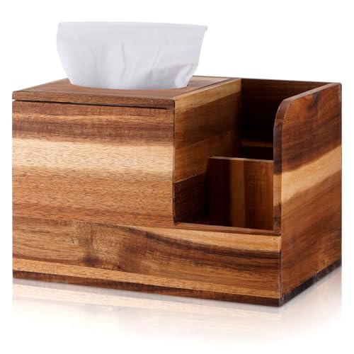 yesaior Acacia Tissue Box Cover Multi-Functional Wooden Tissue Box Holder with Storage Tray, Decorative and Multifunctional Remote Control Organizer for Desk, Tea Table, Nightstand, Bathroom, Bedroom - Image 1