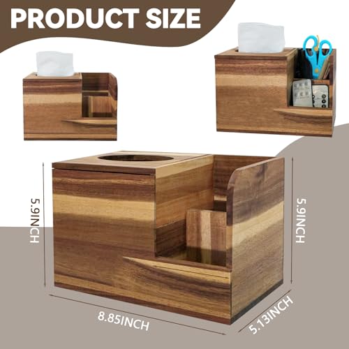 yesaior Acacia Tissue Box Cover Multi-Functional Wooden Tissue Box Holder with Storage Tray, Decorative and Multifunctional Remote Control Organizer for Desk, Tea Table, Nightstand, Bathroom, Bedroom - Image 2