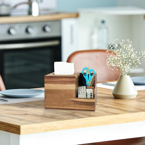 yesaior Acacia Tissue Box Cover Multi-Functional Wooden Tissue Box Holder with Storage Tray, Decorative and Multifunctional Remote Control Organizer for Desk, Tea Table, Nightstand, Bathroom, Bedroom - Image 4