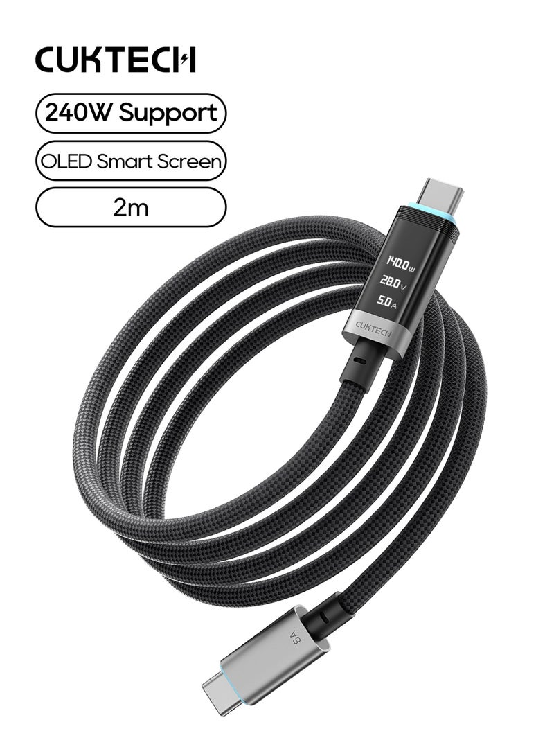 CUKTECH USB C to USB C Cable With OLED Power Display 1 Pack, 240W Fast Charging Type C Cord 2m PD 3.1 High Speed Data Sync Braided Charger Cable For MacBook Pro, Laptops, iPhone, Samsung & iPad - BlackPro Max, Samsung, Pixel - Image 1
