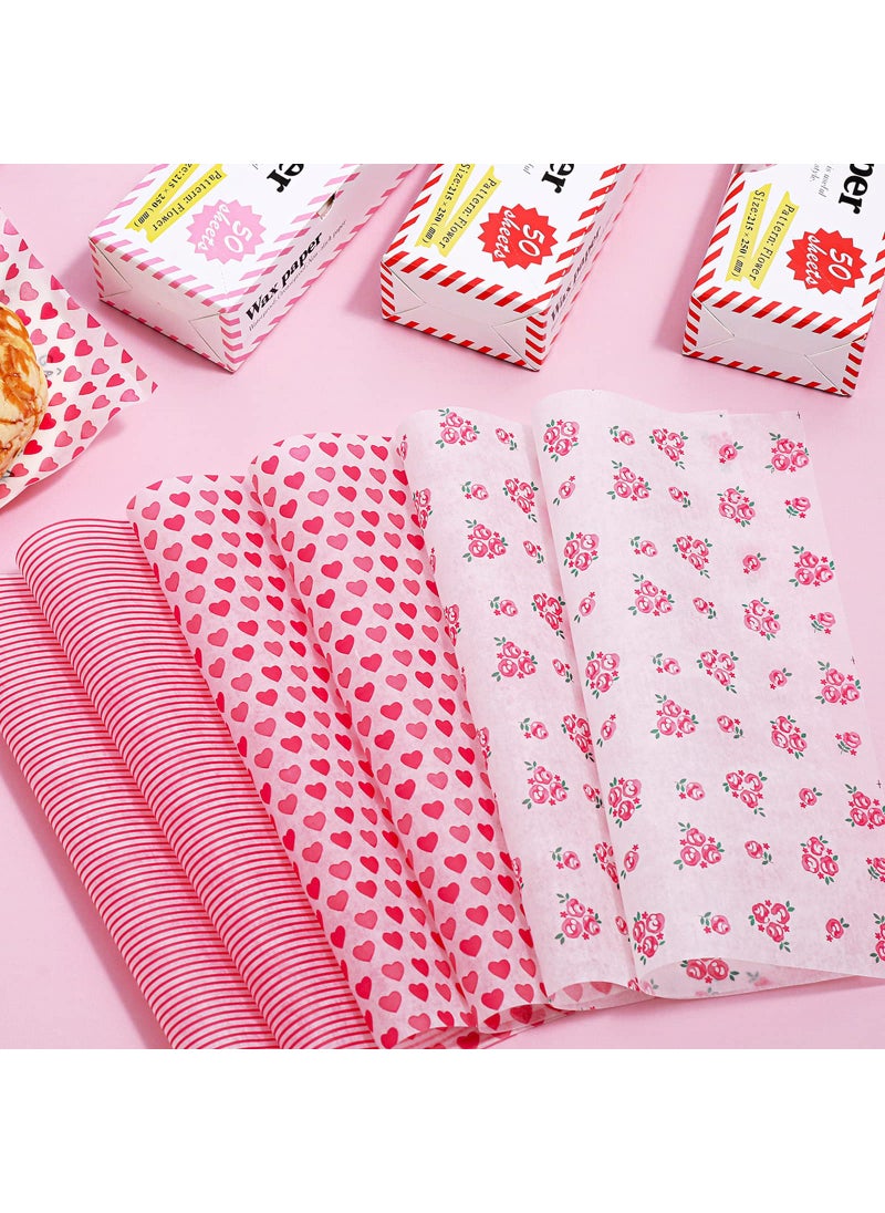 Whaline Whaline 150Pcs Valentines Day Wax Paper Sheets Heart Rose Stripe Pink Food Picnic Paper Greaseproof Waterproof Wrapping Tissue for Food Deli Hamburger Sandwich Valentines Day Cooking Frying 