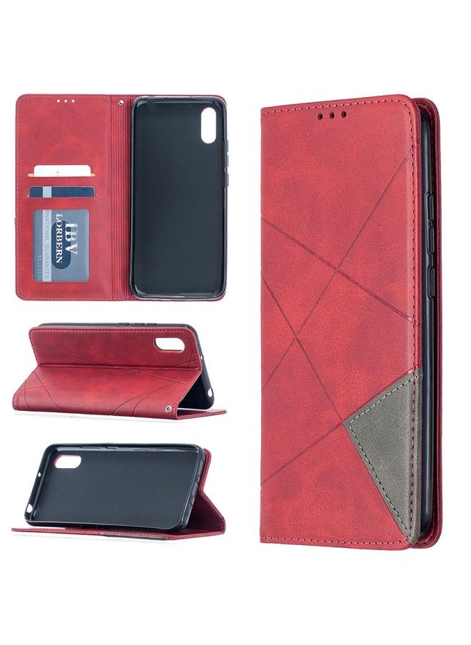 HuHa Case Cover For Xiaomi Redmi 9C Rhombus Texture Horizontal Flip Magnetic Leather Case with Holder & Card Slots Red 