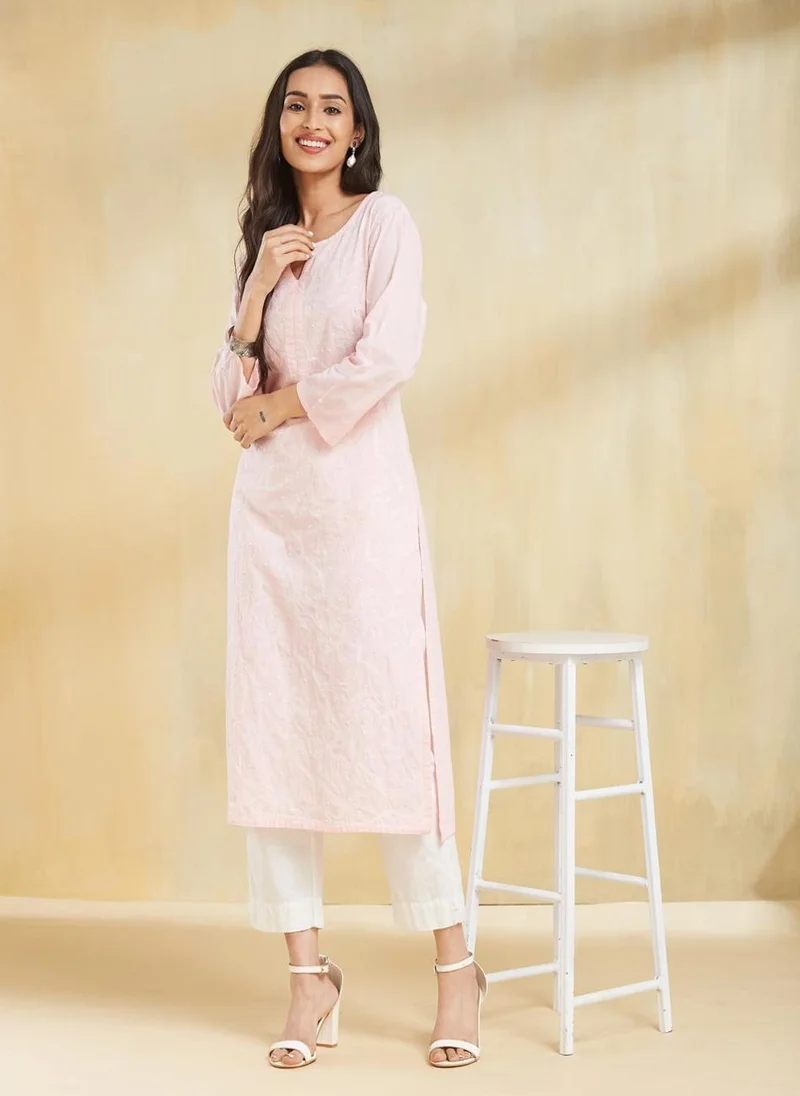 Fabindia Pink Cotton Slim Fit Chikankari Long Kurta