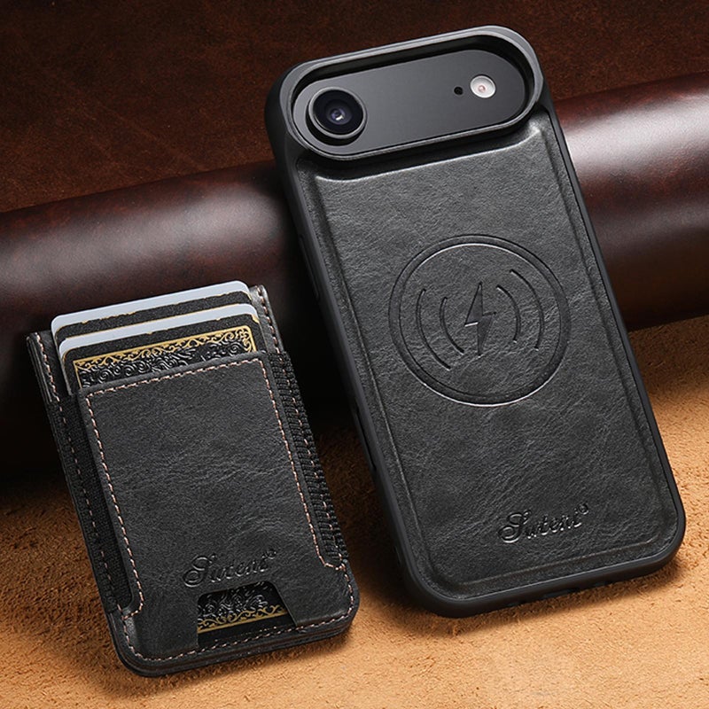 Suteni For Iphone Air H17 Oil Eax Leather Magsafe Detachable Wallet Phone Case(Black) - Image 2