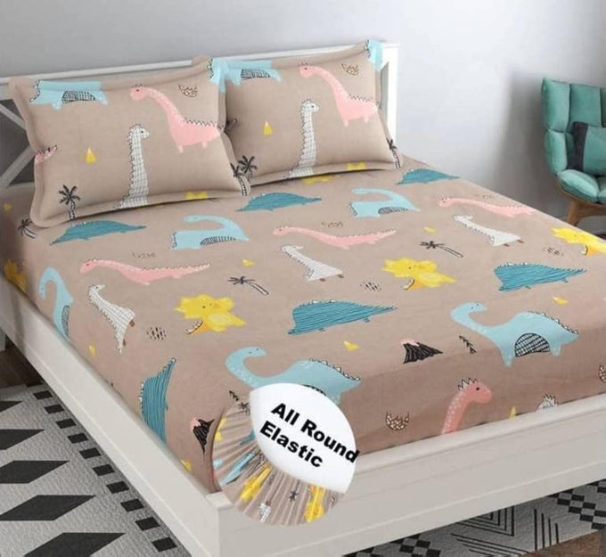 STYLE COTTON FEEL GLACE COTTON ELASTIC FITTED PRINTED KING SIZE DOUBLE BED BEDSHEET WITH 2 PILLOW COVER (78"X72", CUTE BROWN DINOSAUR DESIGN)