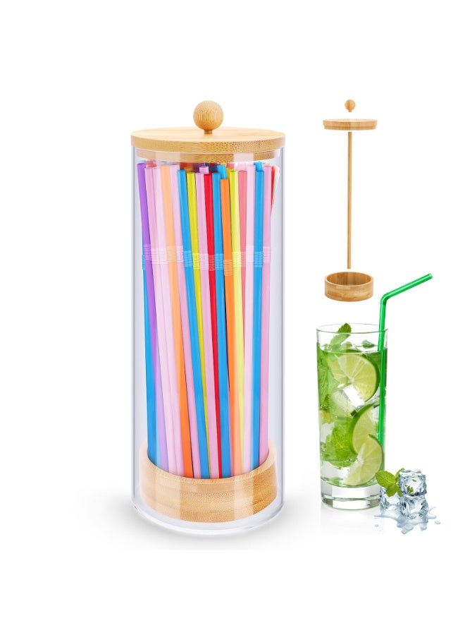 Luckam Acrylic Straw Dispenser with Bamboo Lid – Transparent Counter Container for Straws, Cutlery, and Office Supplies, Durable Storage Organizer for Kitchen, Office, and Cabinet Use (9.5-Inch) - Image 1