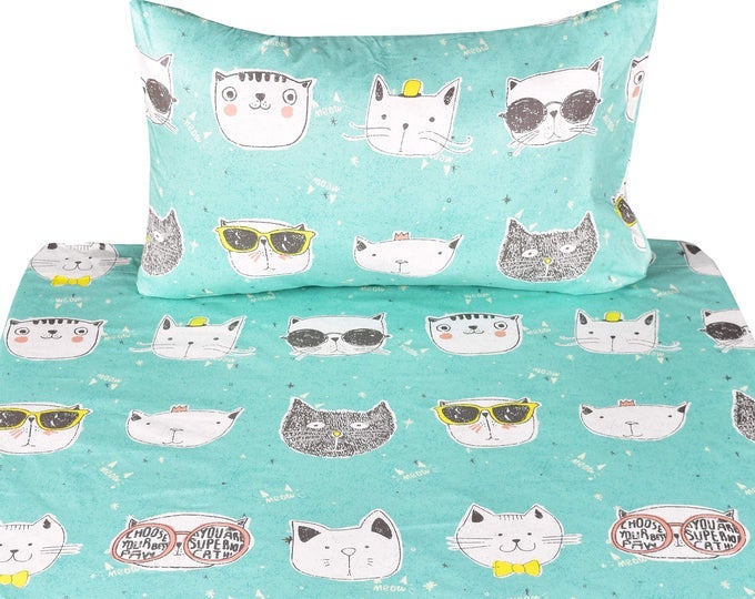 JPINNO CATS KITTY CUTE TWIN 100 COTTON 3 PIECES SHEET SET FOR KIDS GIRLS CHILDREN FLAT SHEET FITTED SHEET PILLOWCASE BEDDING DECORATION GIFT SET