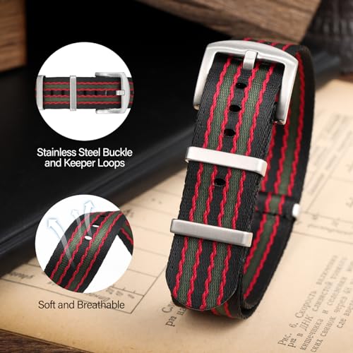 watchdives Nylon Watch Band 18mm 20mm 22mm Multicolor Replacement Watch Straps for Men Women (Black Red Green, 20mm) - Image 3