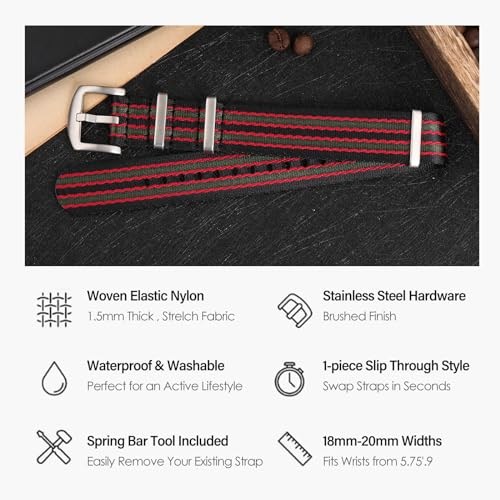watchdives Nylon Watch Band 18mm 20mm 22mm Multicolor Replacement Watch Straps for Men Women (Black Red Green, 20mm) - Image 2