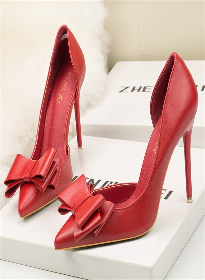 Eloshman Fashionable And Delicate, Sweet Bow, Shallow Mouthed Pointed Side Cut High Heels Red - Image 1