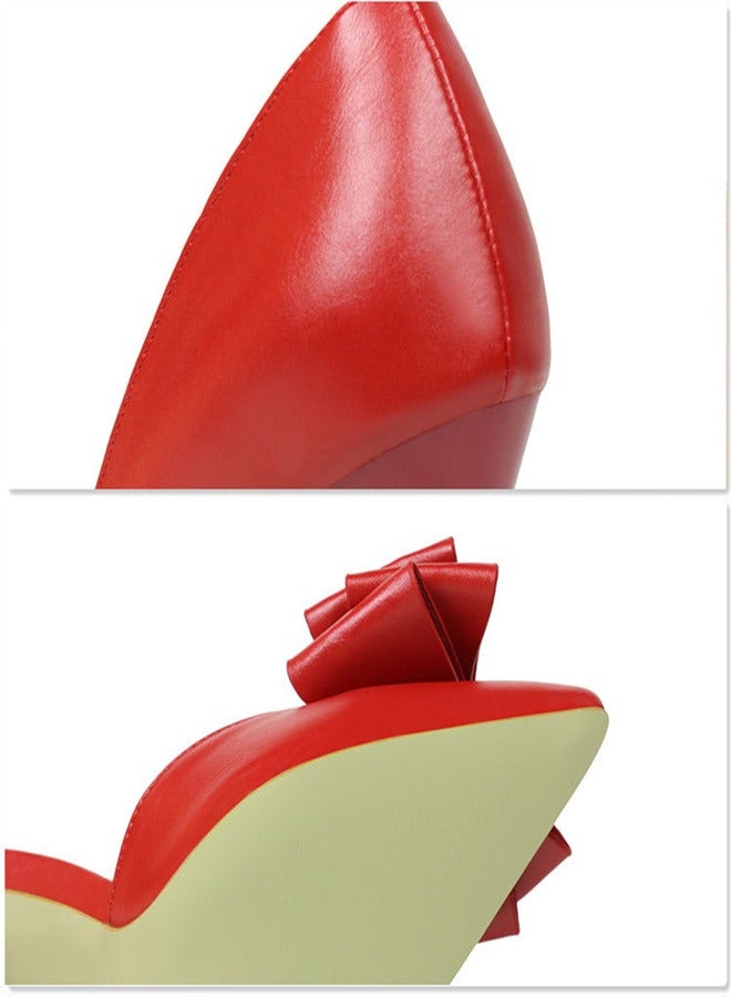 Eloshman Fashionable And Delicate, Sweet Bow, Shallow Mouthed Pointed Side Cut High Heels Red - Image 3