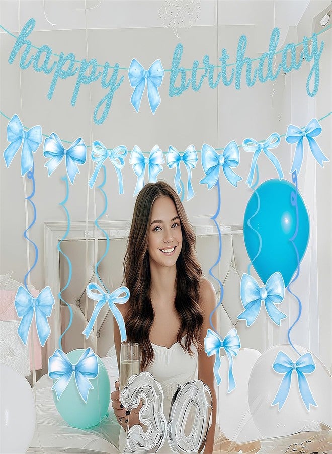 Haptda Blue Bow Birthday Banner Garland with Hanging Swirls for Baby Blue Bow Party Decor Coquette Birthday Decorations - Image 2