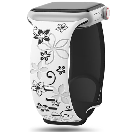 SuperNaNa Floral Engraved Bands Compatible with Apple Watch Band 41mm 40mm 44mm 45mm 42mm 38mm 46mm 49mm for Women,Cute Flower iWatch Bands Soft Silicone Sport Strap for iWatch Series SE 10 9 8 7 6 5 4 3 2 1 - Image 1