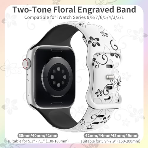 SuperNaNa Floral Engraved Bands Compatible with Apple Watch Band 41mm 40mm 44mm 45mm 42mm 38mm 46mm 49mm for Women,Cute Flower iWatch Bands Soft Silicone Sport Strap for iWatch Series SE 10 9 8 7 6 5 4 3 2 1 - Image 2