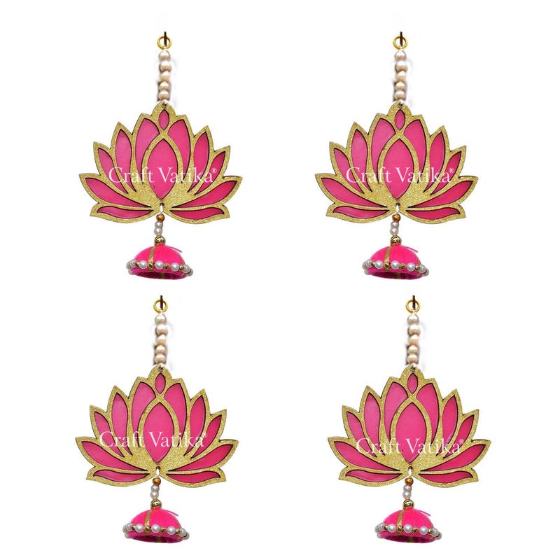 CraftVatika CraftVatika Lotus Hangings Latkans Wall Decor Items for Decoration Set MDF Pack of 4 Handmade Lotus Jhumki for Wedding Temple Diwali Decorations Golden 4 Pieces  - Image 2