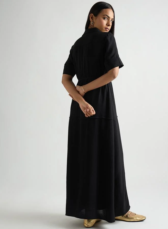 Femmella Women Black Half Zipper Collared Maxi Dress
