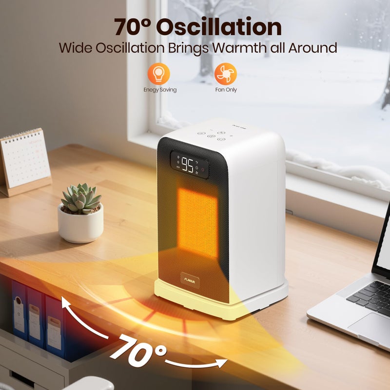 FLANUR Space Heaters for Indoor Use, 1500W Small Desk Heater 2 in 1 with Remote, Thermostat, LED Display, Overheat & Tip Over Protection, 12H Timer, 70Â° Oscillating Heater for Office (White, 1Pack) - Image 4