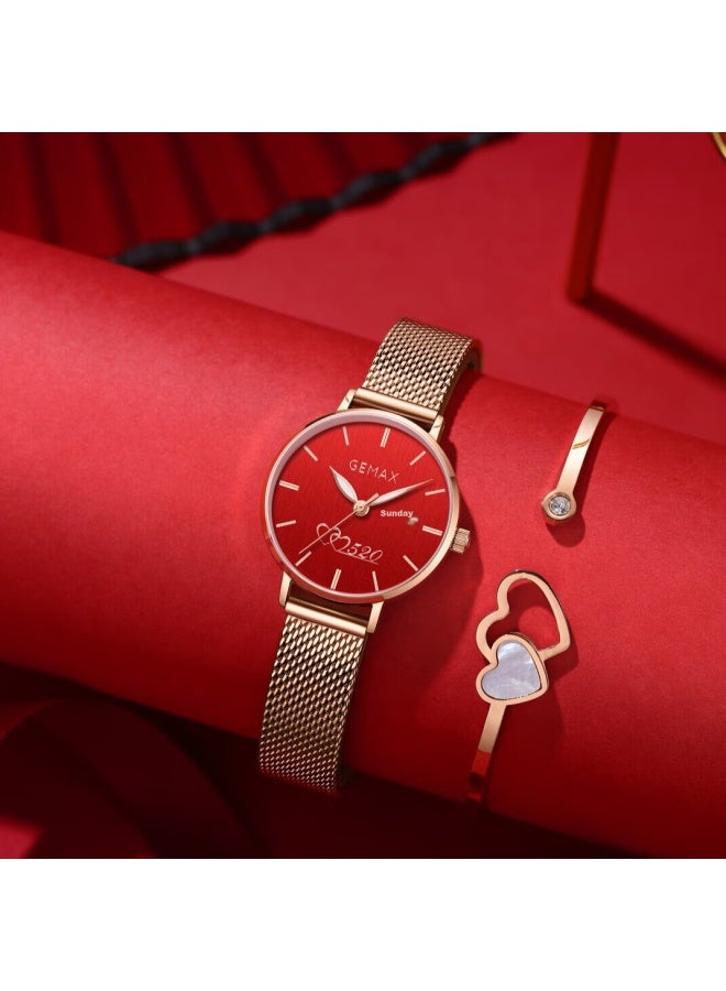Gemax Women's Watch Waterproof Calendar Brand Wrisch Valentine's Day Gift For Girlfriend 520 Red Dial