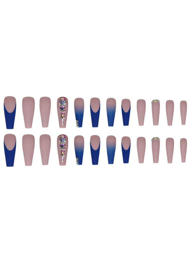 Press on Nails With 24 PCS Blue French Tip Extra Long Matte Nude Pink Ballerina Fake Nails with Rhinestones Square Glue Stick For Women Girls Finger Manicure False - Image 1