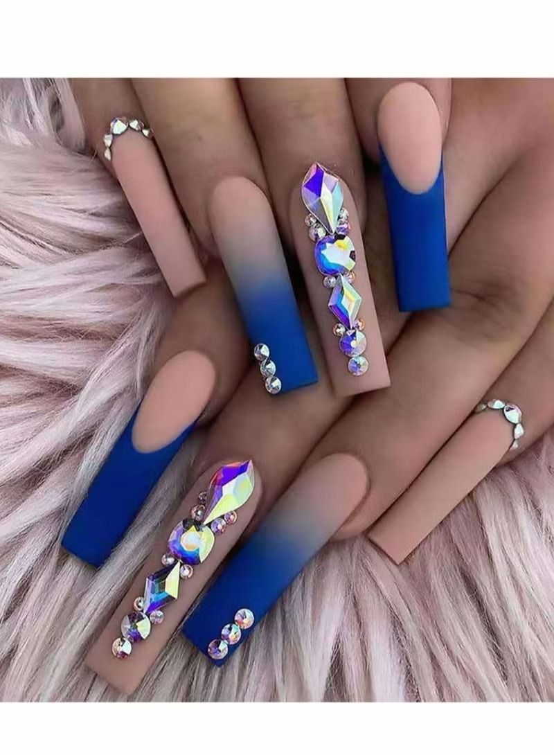 Press on Nails With 24 PCS Blue French Tip Extra Long Matte Nude Pink Ballerina Fake Nails with Rhinestones Square Glue Stick For Women Girls Finger Manicure False - Image 2