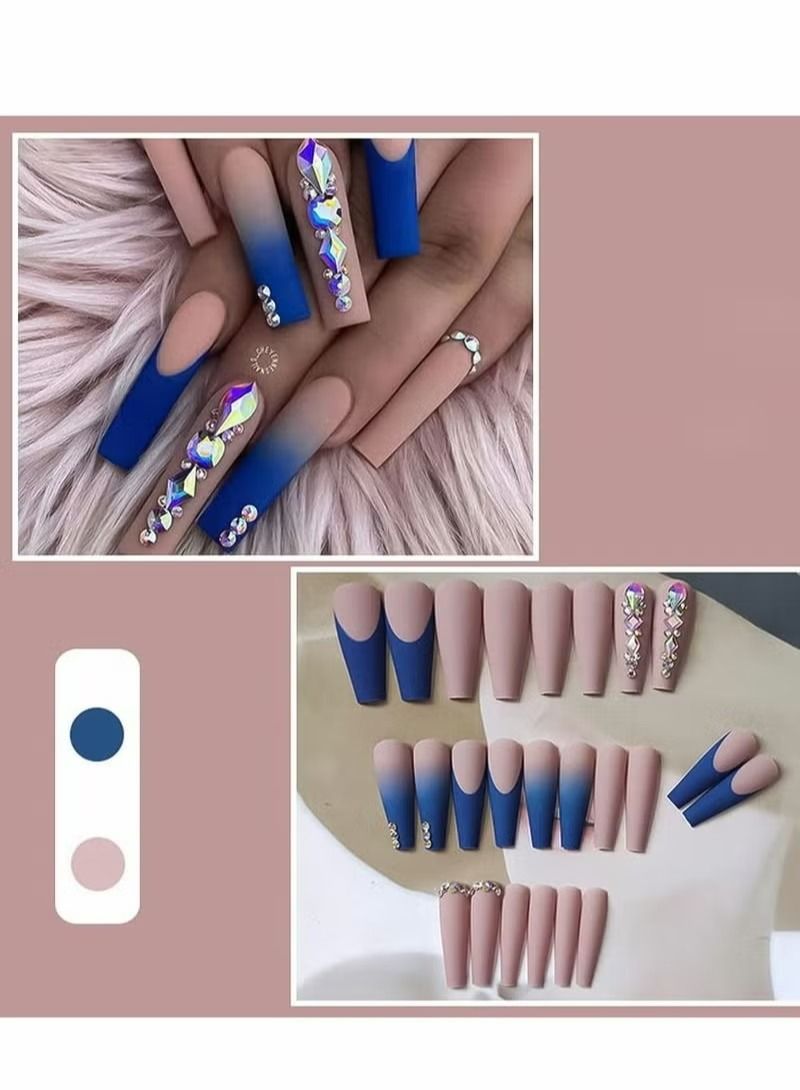 Press on Nails With 24 PCS Blue French Tip Extra Long Matte Nude Pink Ballerina Fake Nails with Rhinestones Square Glue Stick For Women Girls Finger Manicure False - Image 4