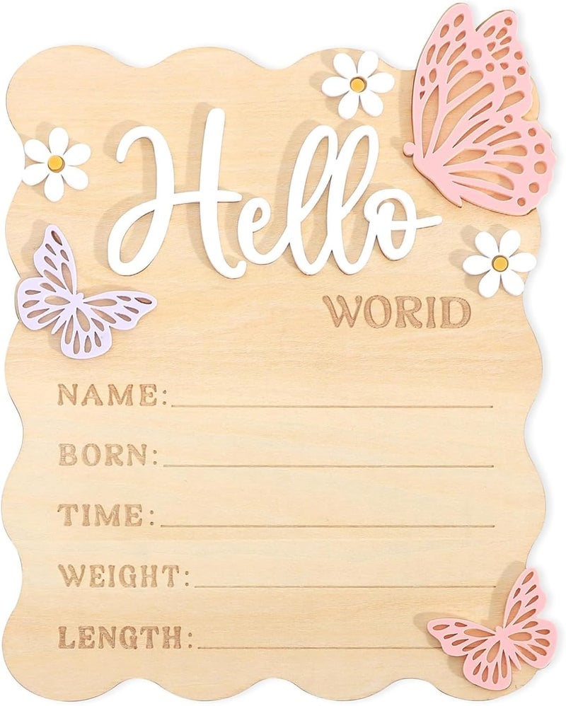 كاست ويف لوحة ترحيب مخصصة "Hello World" للأطفال حديثي الولادة - لوحة خشبية لإعلان الولادة للأولاد والبنات - لوحة ترحيب باسم الطفل المخصص - دعامة تصوير لباب المستشفى وديكور الحضانة كهدية - Image 1