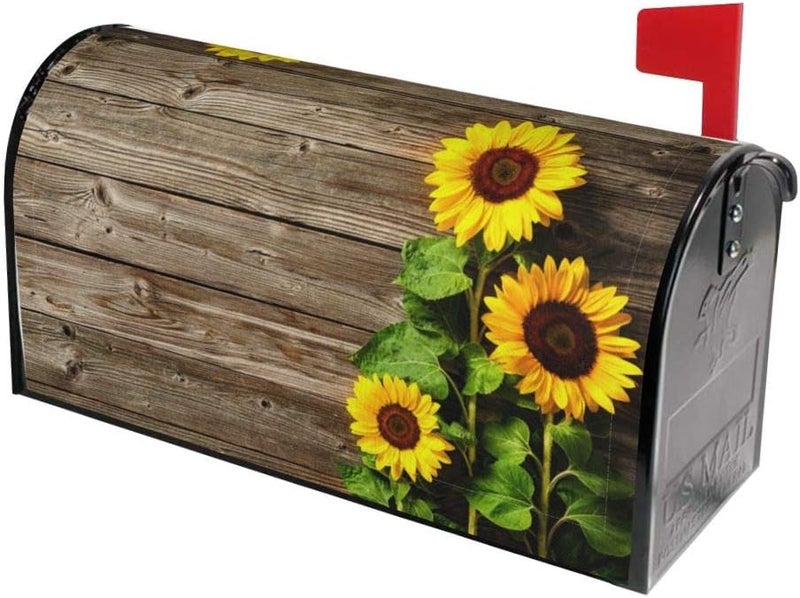 Mount Hour Autumn Sunflowers Wood Pattern Mailbox Covers Magnetic Post Box Cover Wraps Large Size 25.5x21 Inches for Garden Yard Decor - Image 1