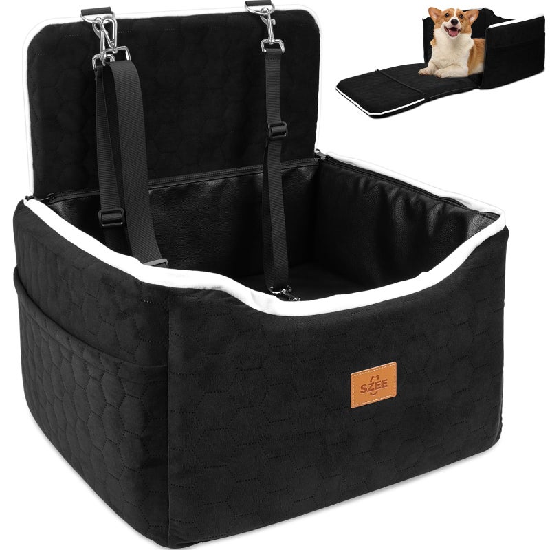 SZEE Dog Car Seat for Small/Medium Sized Dogs up to 35 lbs, Dog Booster Car Seat with Detachable Protective Leather Cover, Save Cleaning Effort, Reclinable Backrest (Black) - Image 1