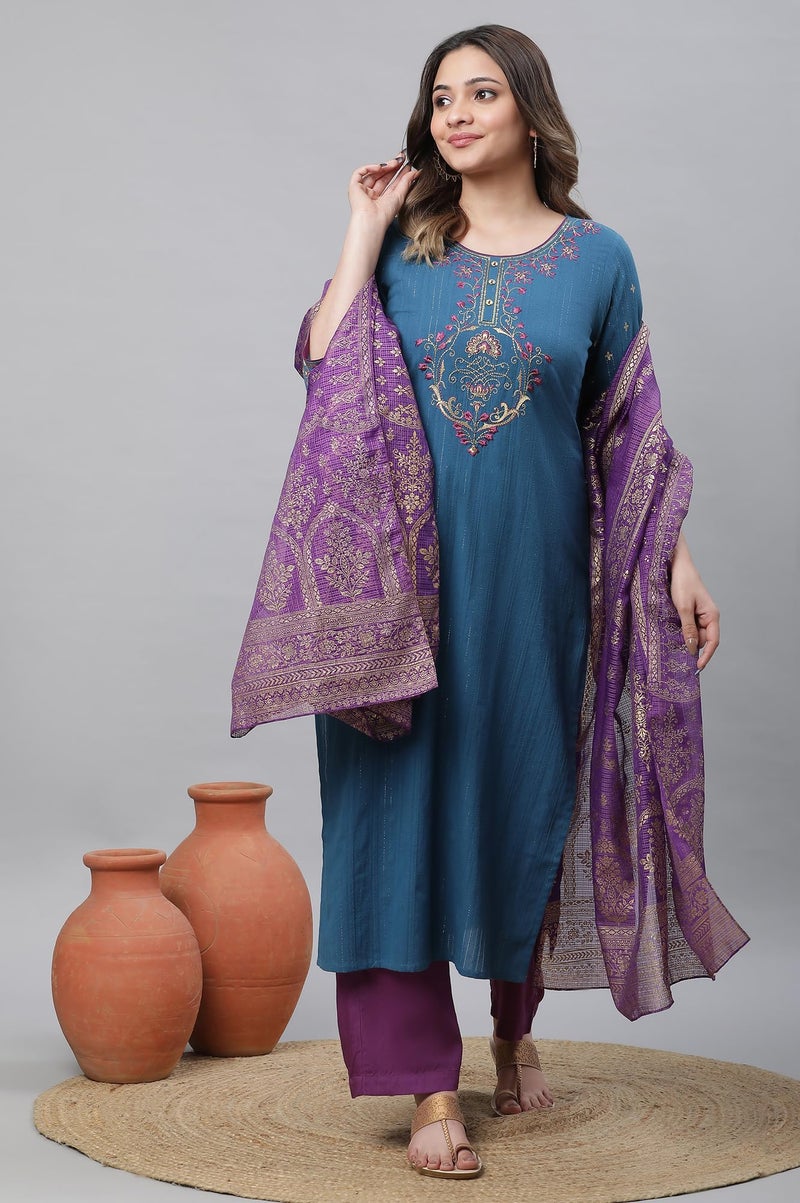 Aurelia Women's Cotton Regular Fit Kurta (24FEA14536-606020_Ink Blue, Large - Image 5