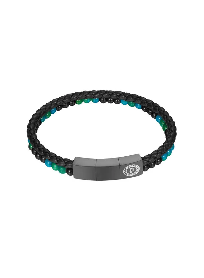 بوليس Dual Bracelet for Men Stainless Steel and Black Leather with Onyx Green BeadsPEAGB0011701