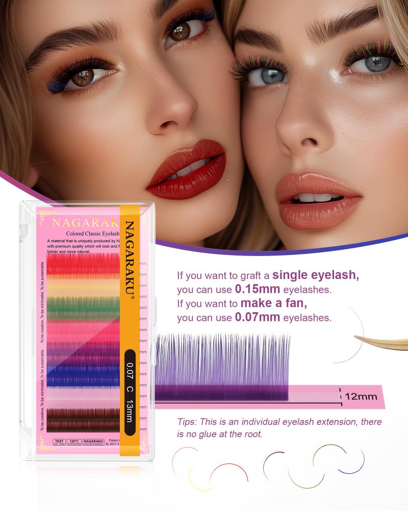 NAGARAKU Colored Eyelash Extensions 8 Colors Rainbow 0.07mm C curl 12mm Purple Blue Pink Brown Individual Lashes Soft Natural Professional Salon Supplies - Image 2