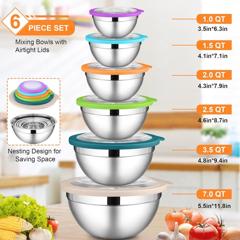 LIANYU Mixing Bowls with Visible Lid Sets of 6, Stainless Steel Metal Salad Nesting Bowls, Large & Small 7, 3.5, 2.5, 2, 1.5, 1QT Size For Kitchen, Baking, Storage, Food Prepping, Serving, Multi-Color - Image 2