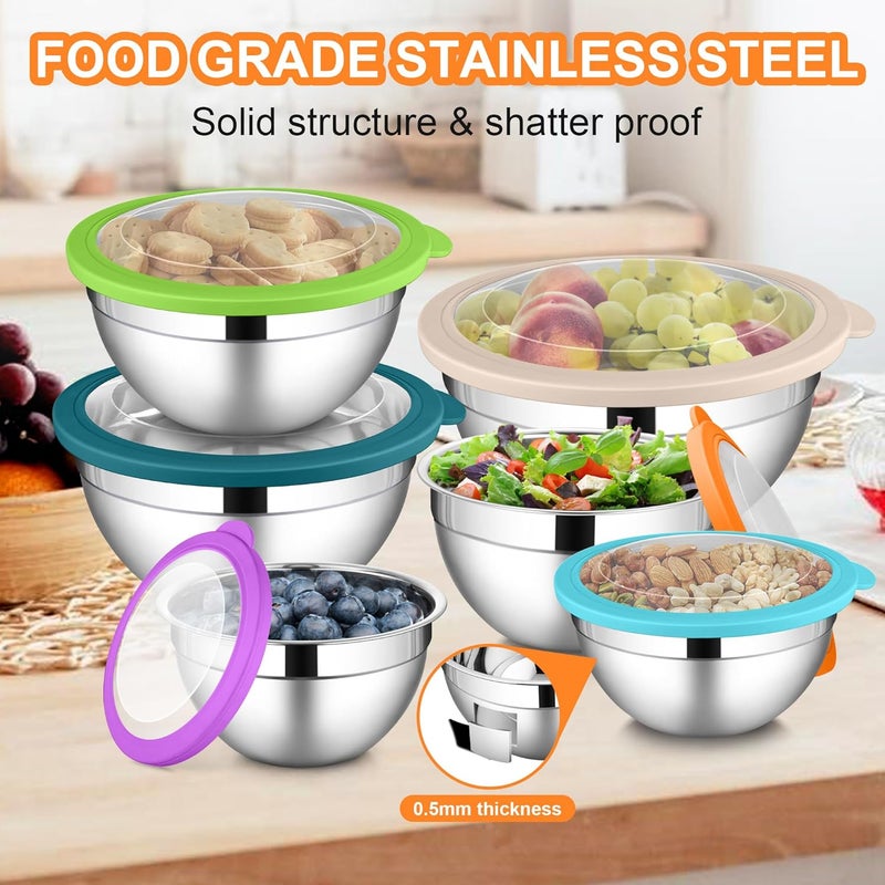 LIANYU Mixing Bowls with Visible Lid Sets of 6, Stainless Steel Metal Salad Nesting Bowls, Large & Small 7, 3.5, 2.5, 2, 1.5, 1QT Size For Kitchen, Baking, Storage, Food Prepping, Serving, Multi-Color - Image 3