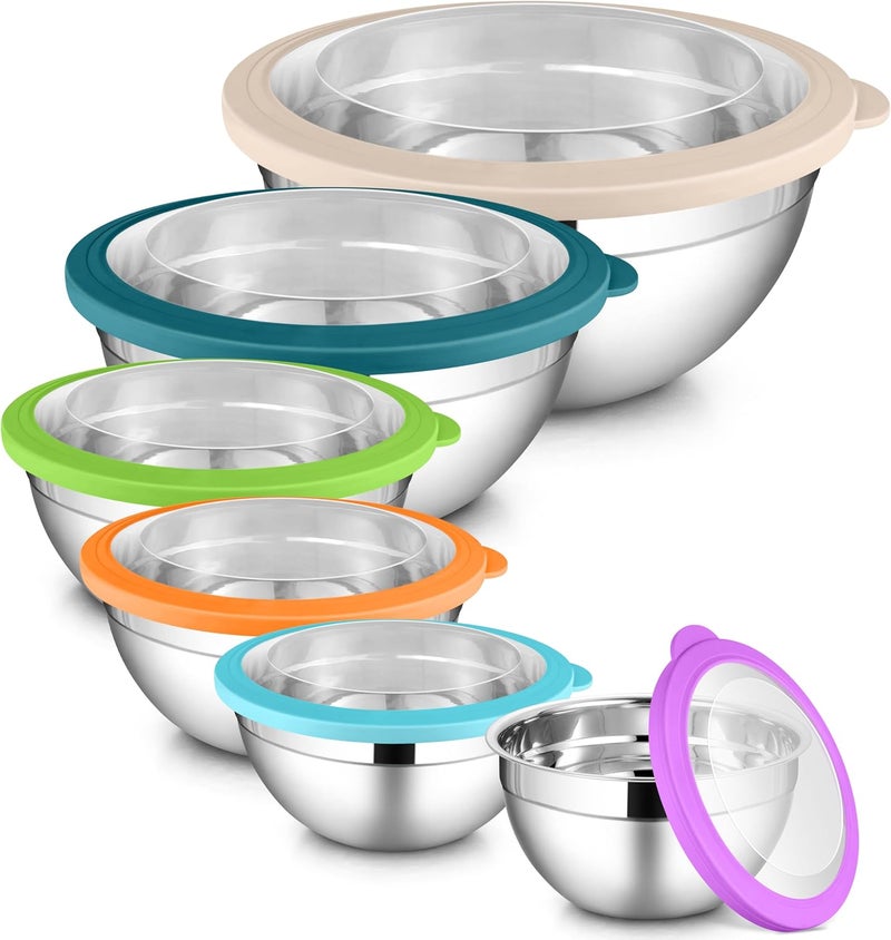 LIANYU Mixing Bowls with Visible Lid Sets of 6, Stainless Steel Metal Salad Nesting Bowls, Large & Small 7, 3.5, 2.5, 2, 1.5, 1QT Size For Kitchen, Baking, Storage, Food Prepping, Serving, Multi-Color - Image 1