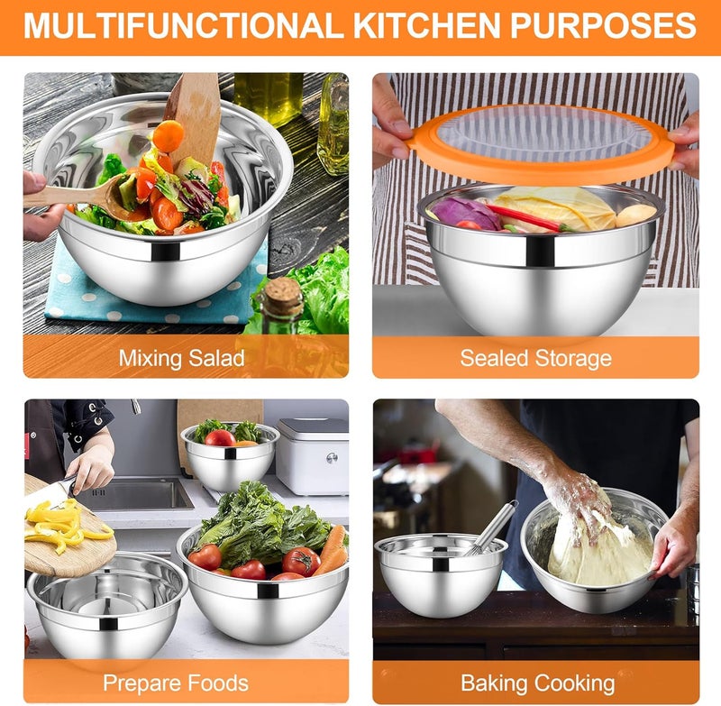 LIANYU Mixing Bowls with Visible Lid Sets of 6, Stainless Steel Metal Salad Nesting Bowls, Large & Small 7, 3.5, 2.5, 2, 1.5, 1QT Size For Kitchen, Baking, Storage, Food Prepping, Serving, Multi-Color - Image 5